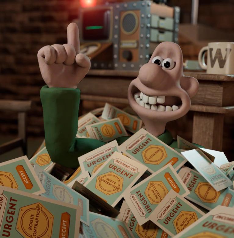 Wallace from Wallace & Gromit with finger in the air, covered with urgent letters